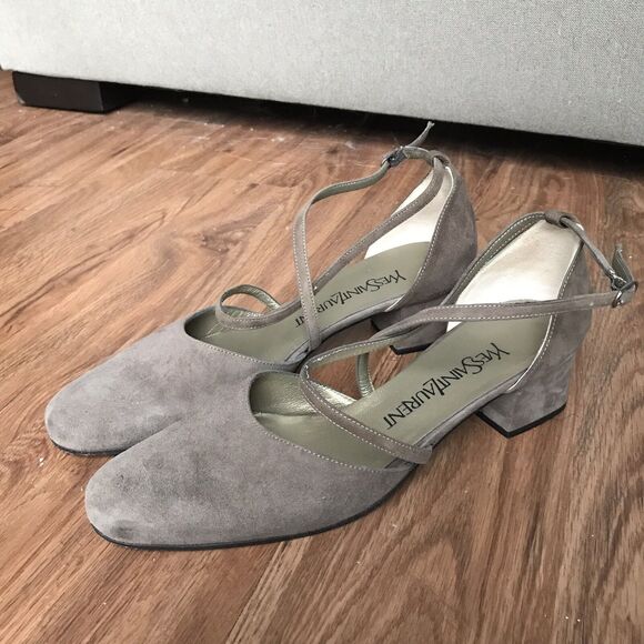 Yves Saint Laurent 7 M Taupe Suede Pumps Crisscross Straps Low Heel Italy YSL‎ - Picture 1 of 8